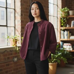 J Jill‎ Jacket Women's L Burgundy Velvet Mandarin Collar Button Front Whimsigoth